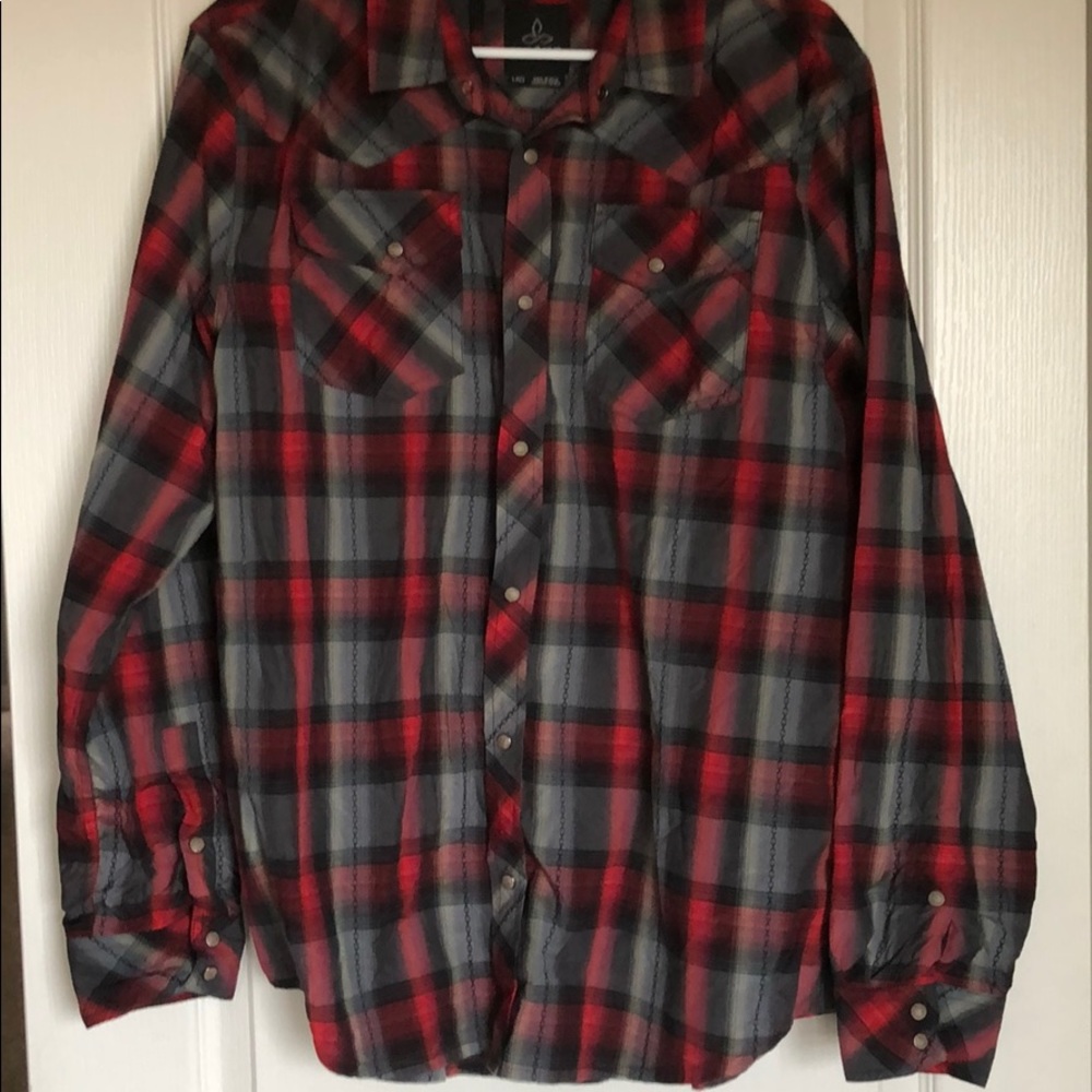 Prana Red and Gray Plaid Casual Button Down Shirt